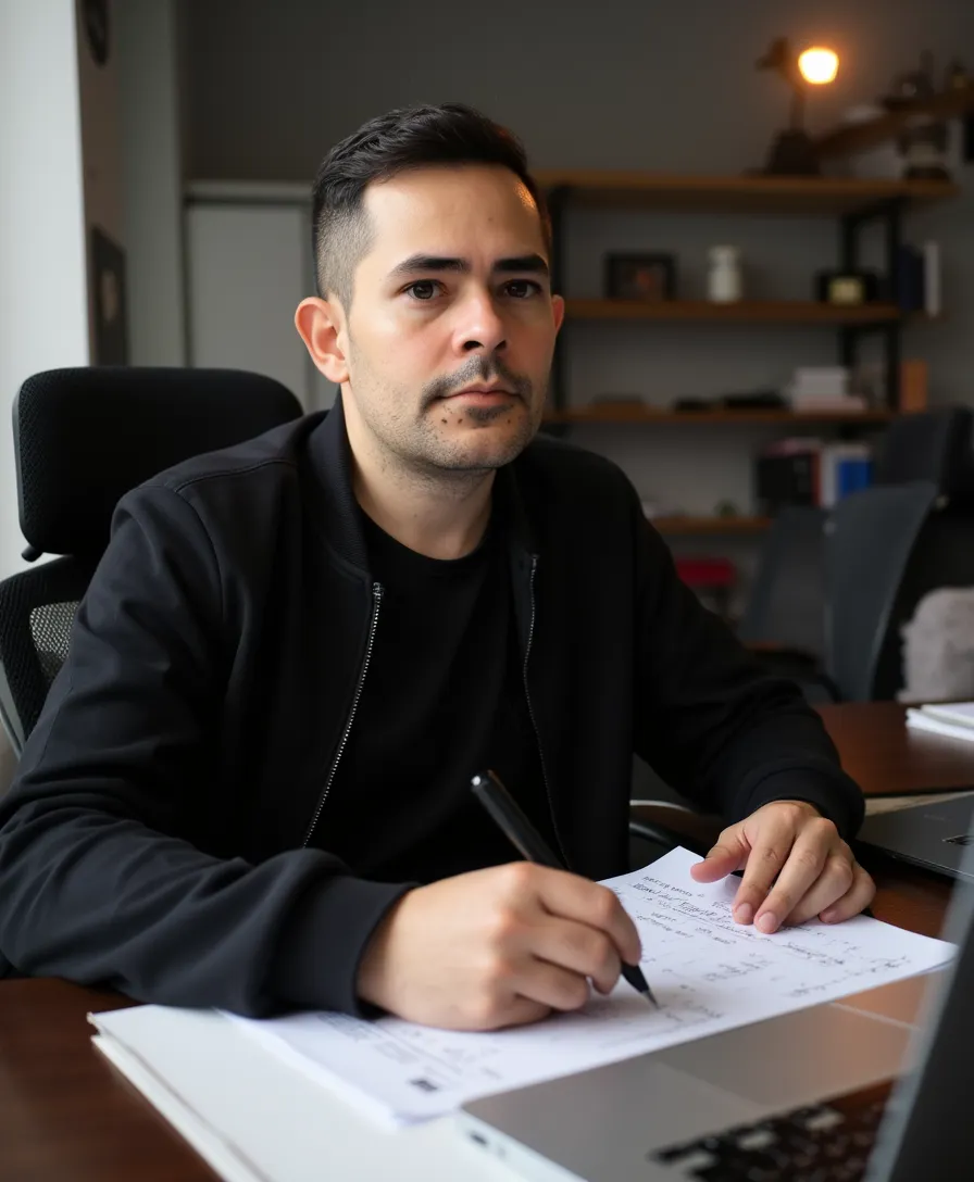 Vicente Pinheiro no escritório, trabalhando em estratégia e anotações